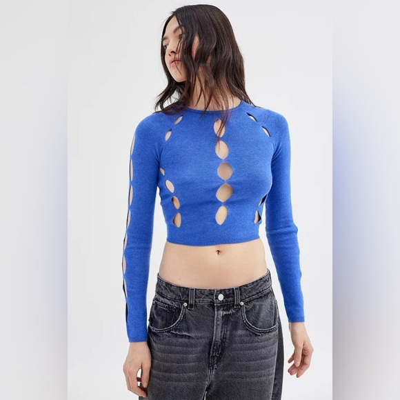 Urban Outfitters Ulla Blue Cut-Out Crop Sweater Cobalt Small - Picture 1 of 7